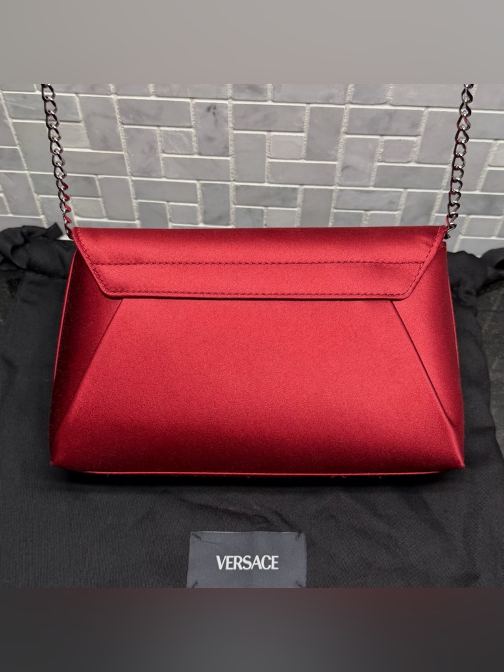 Versace Medusa Crystal Clutch Bag Red Satin Envelope Chain Shoulder Bag Italy - Picture 2 of 10